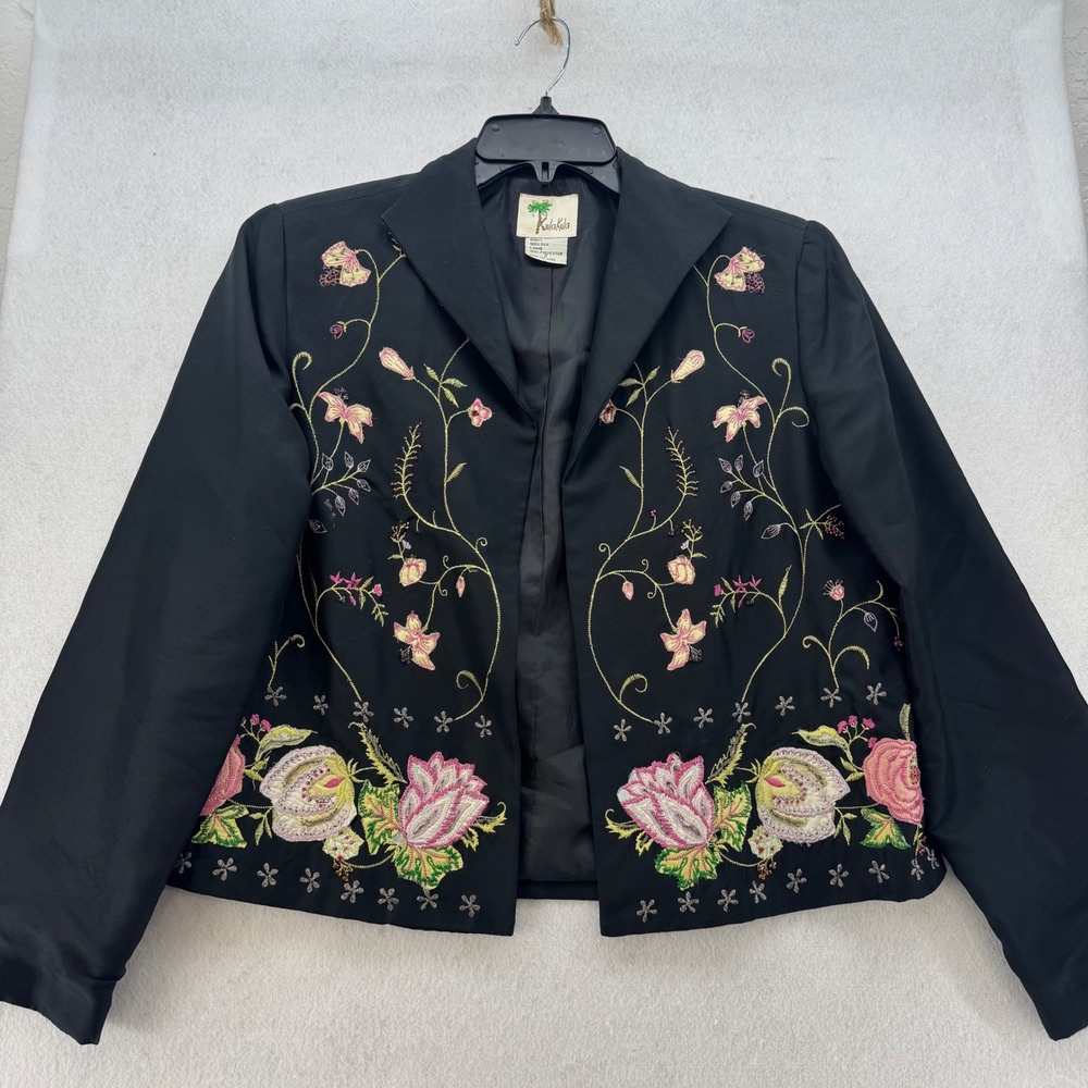 Kula Kala 100% Silk Floral Embroidered Beaded Black Blazer Jacket‎ - Size S